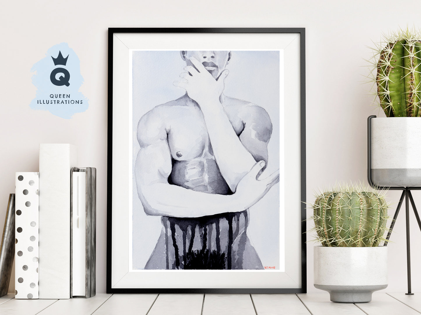 gay art print, watercolour portrait of a cute tattooed boy, chinoiserie tattoos, Chinese flowers print, gay wall art as gift for gay, sexy black guy portrait