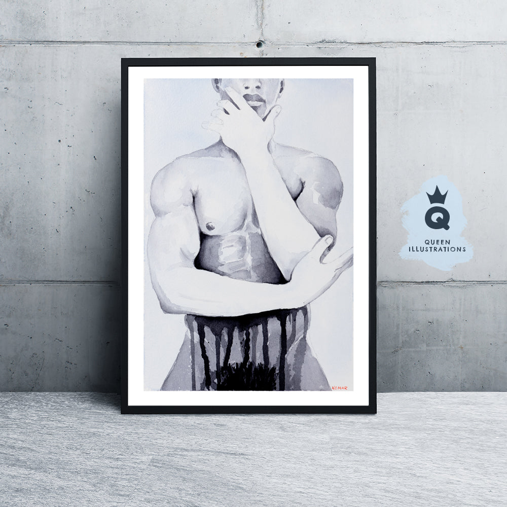 gay art print, watercolour portrait of a cute tattooed boy, chinoiserie tattoos, Chinese flowers print, gay wall art as gift for gay, sexy black guy portrait