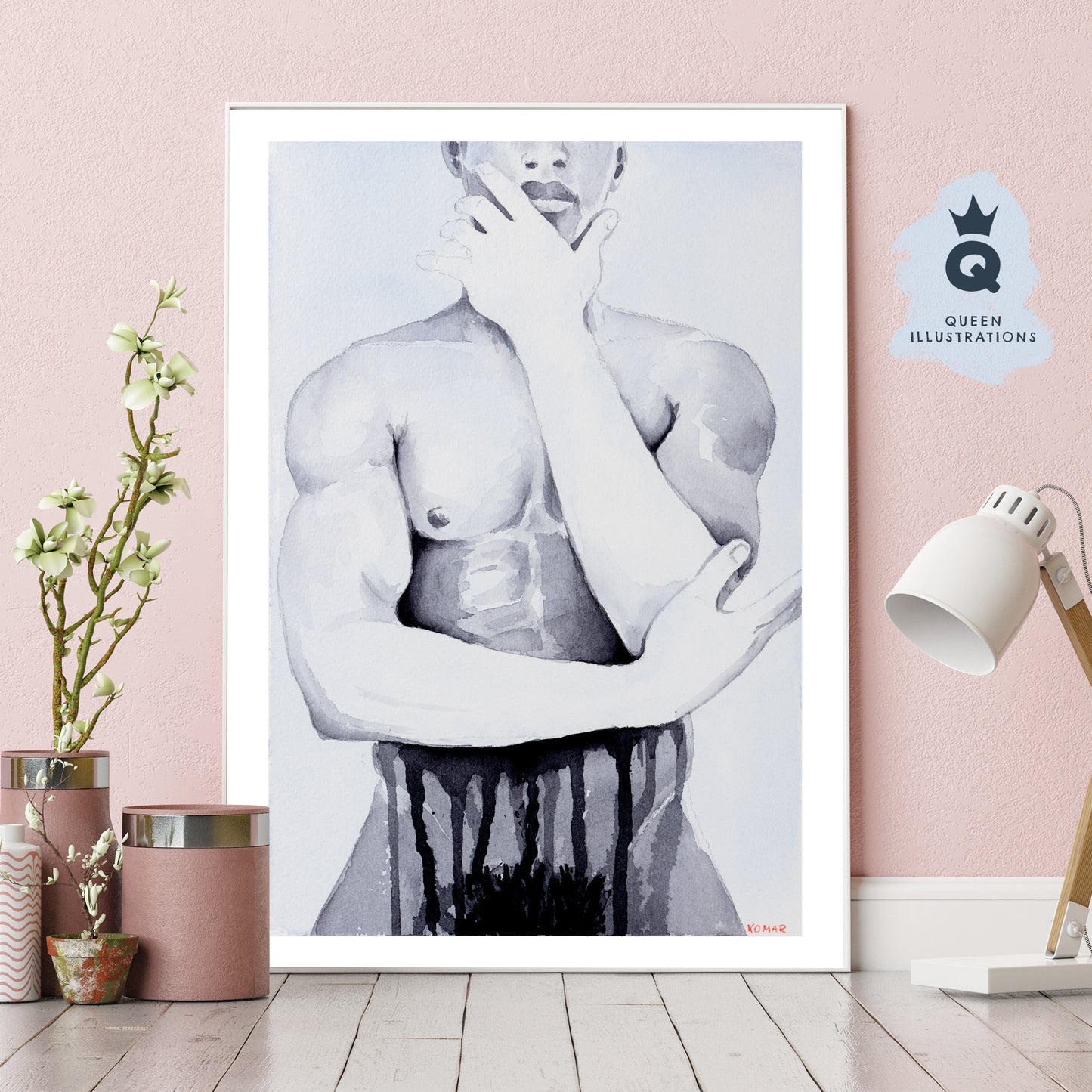 gay art print, watercolour portrait of a cute tattooed boy, chinoiserie tattoos, Chinese flowers print, gay wall art as gift for gay, sexy black guy portrait
