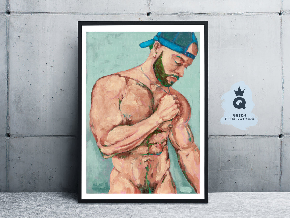 "BLUE CAP" oil painting of naked man
