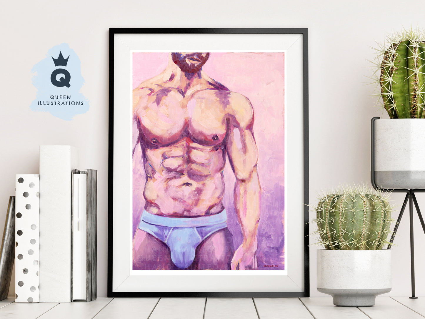 "BLUE PANTS", contemporary oil painting of a young naked man,