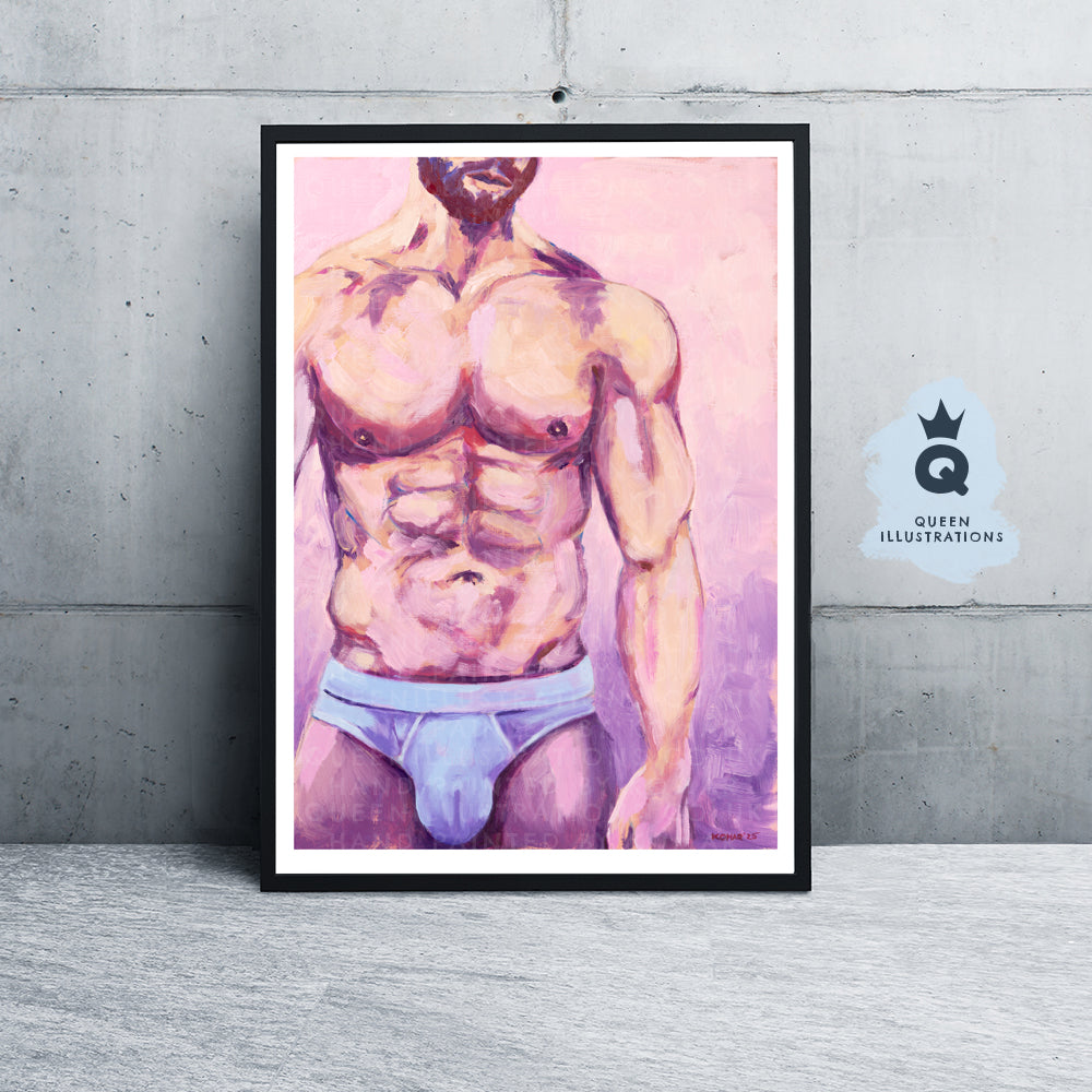 "BLUE PANTS", contemporary oil painting of a young naked man,