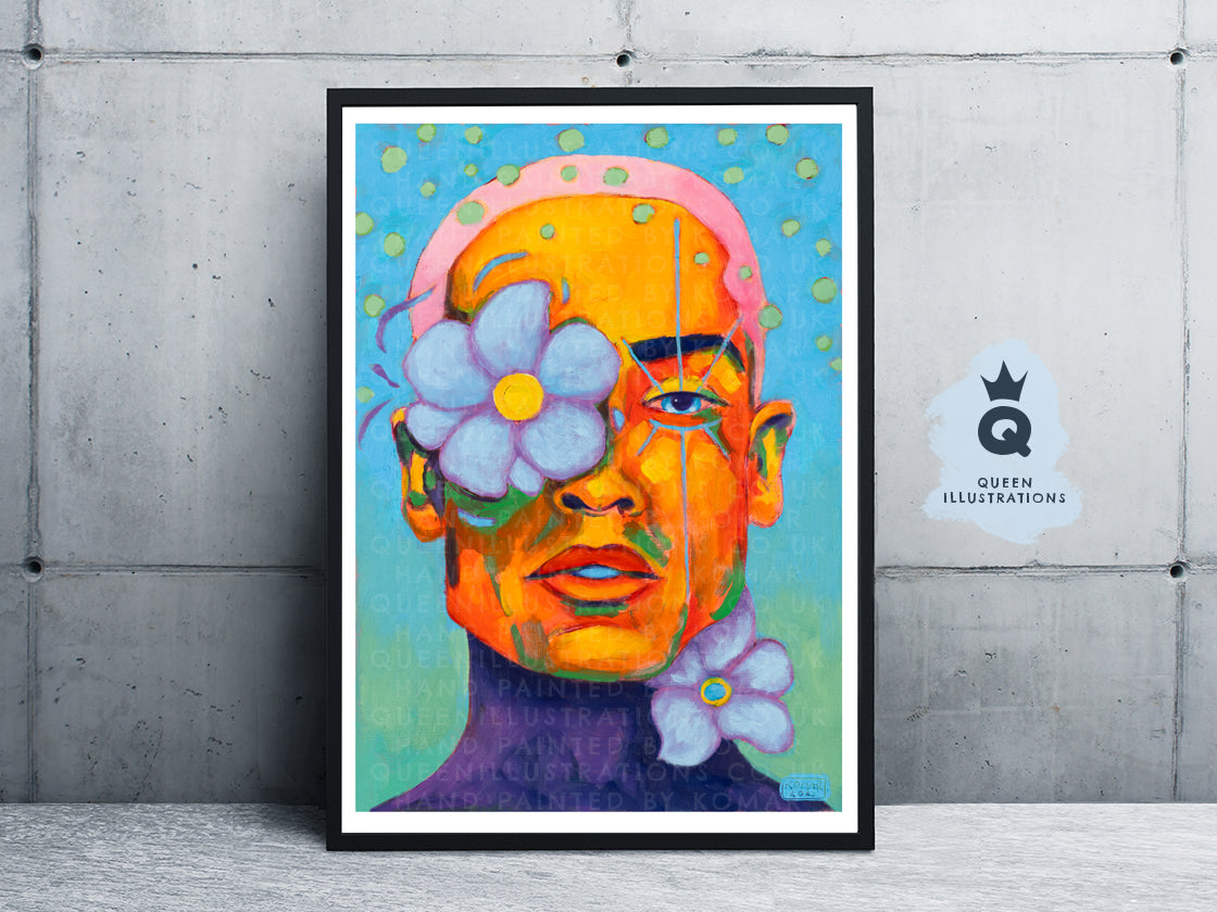 "BLUE POPPY" Romantic, fantasy portrait of a young man with blue poppy flowers.