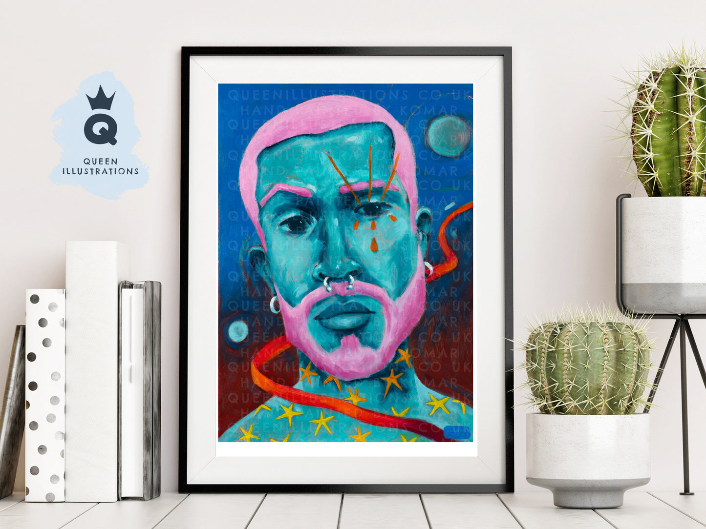 "BLUE SATURN" Romantic, fantasy portrait of a young man with planets, stars and moon in the night.