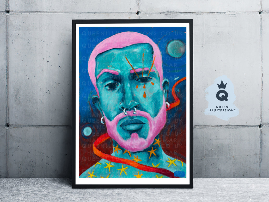 "BLUE SATURN" Romantic, fantasy portrait of a young man with planets, stars and moon in the night.