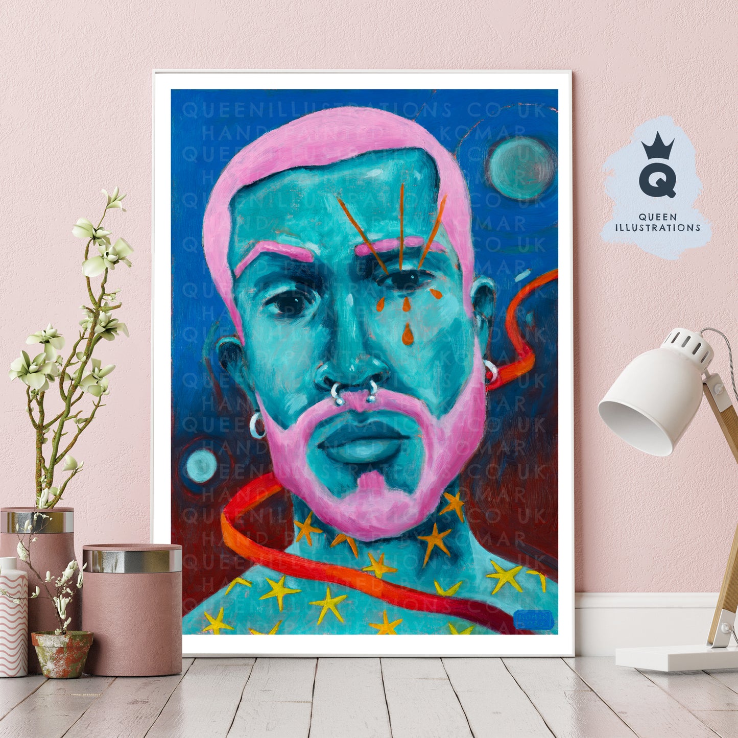 "BLUE SATURN" Romantic, fantasy portrait of a young man with planets, stars and moon in the night.