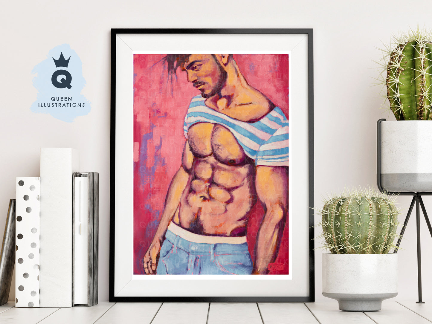 "BLUE STRIPES" oil painting of a sexy naked man,