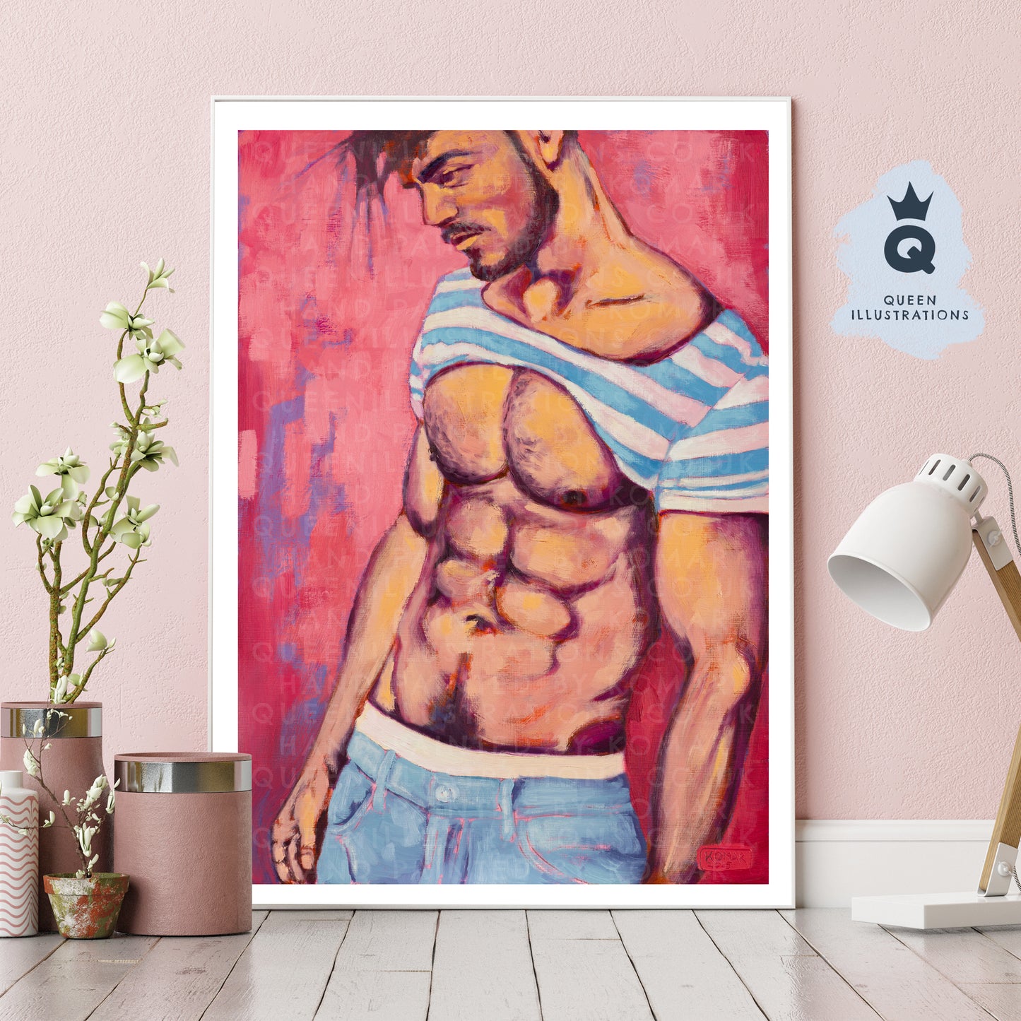 "BLUE STRIPES" oil painting of a sexy naked man,