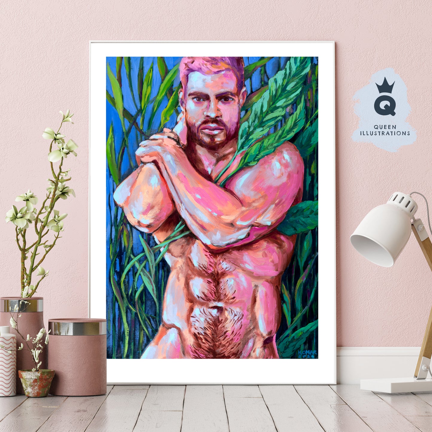 BOY WITH PLANTS , contemporary oil painting of a young man - Homoerotic Art Print