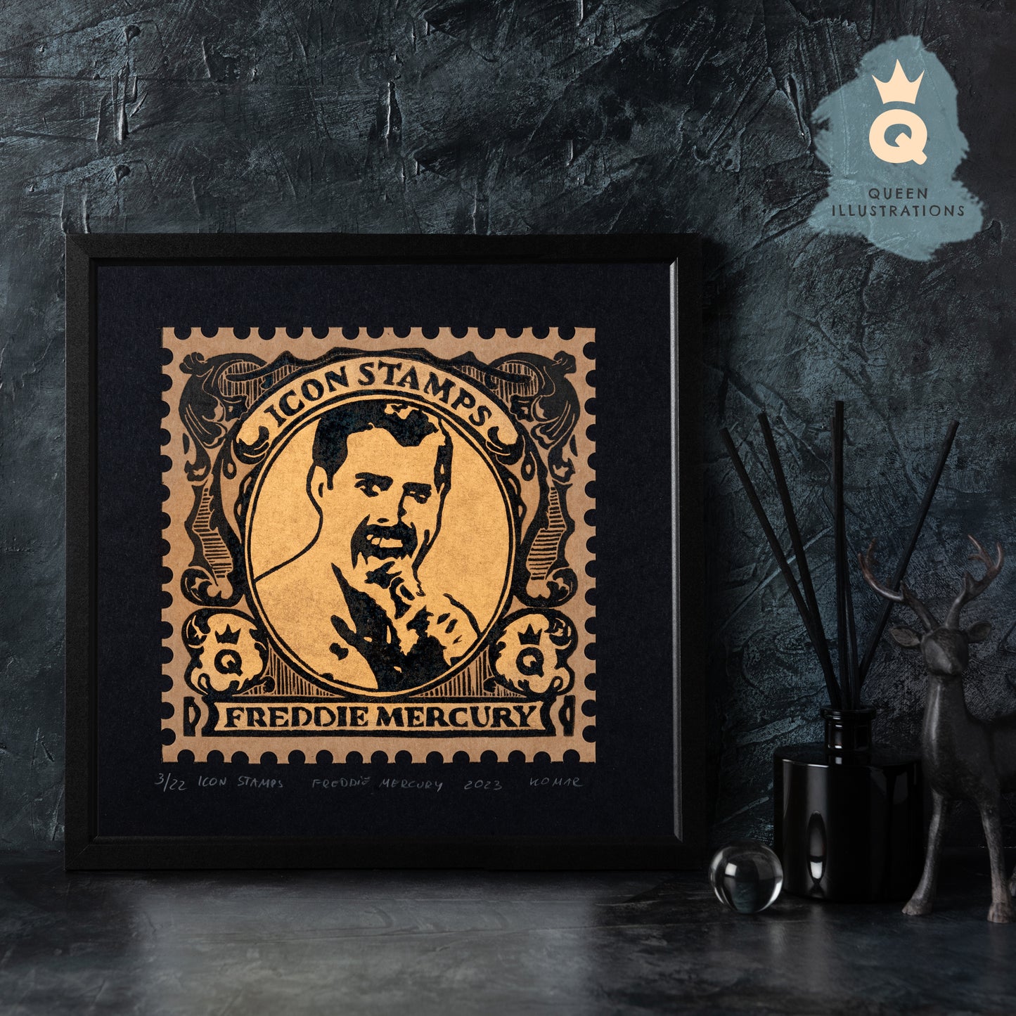 Traditional linocut prints with gay icons, Boy George, Marsha P. Johnson, Freddie Mercury, Harvey Milk, printed with gold ink in a form of postal stamps.