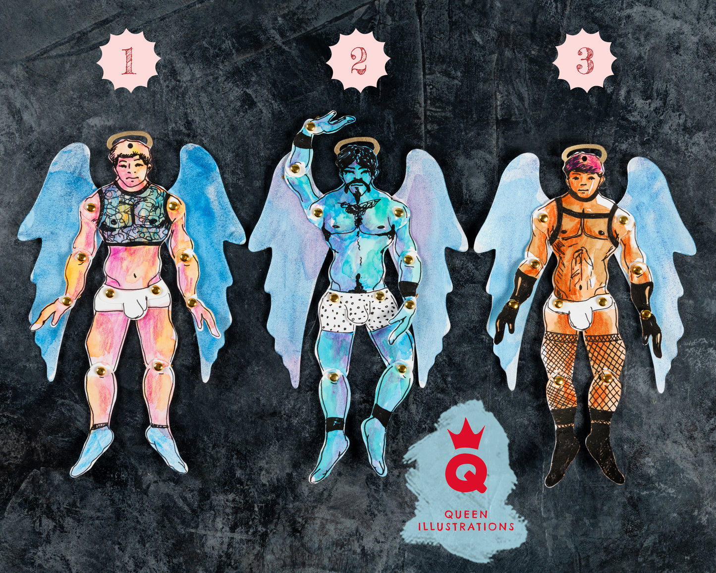 paper angels, gay Christmas decorations, gay Christmas tree angel, handmade articulated paper dolls for gay, hot and sexy naked guys, perfect as a gift or a collectable art piece