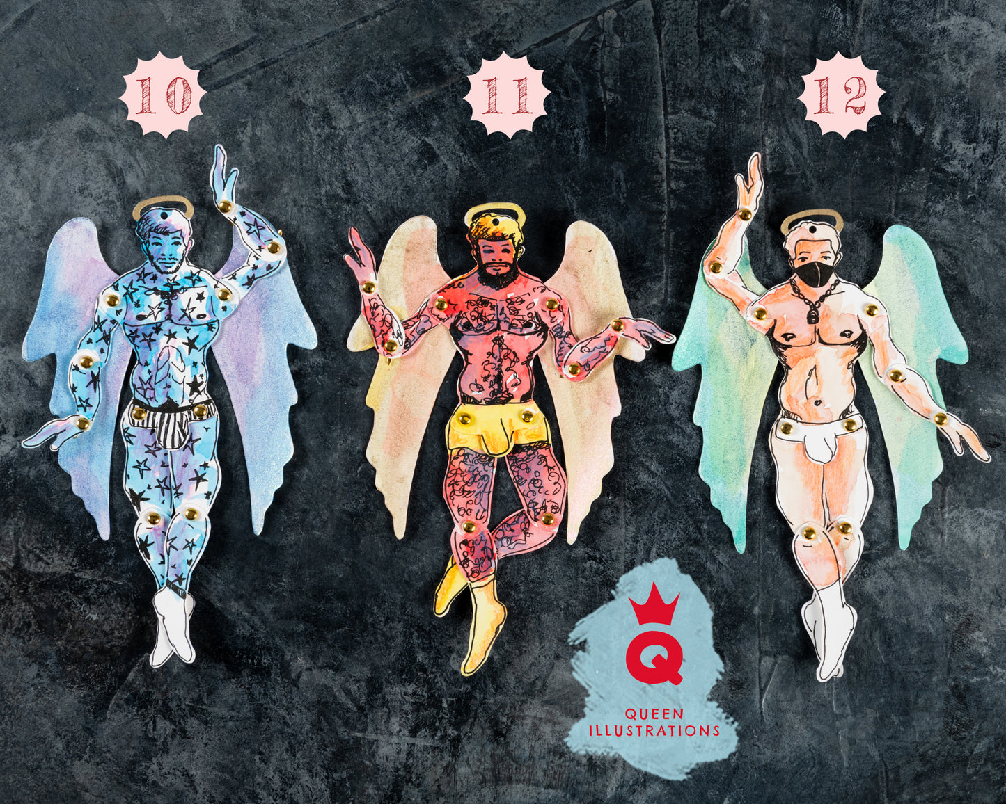 paper angels, gay Christmas decorations, gay Christmas tree angel, handmade articulated paper dolls for gay, hot and sexy naked guys, perfect as a gift or a collectable art piece