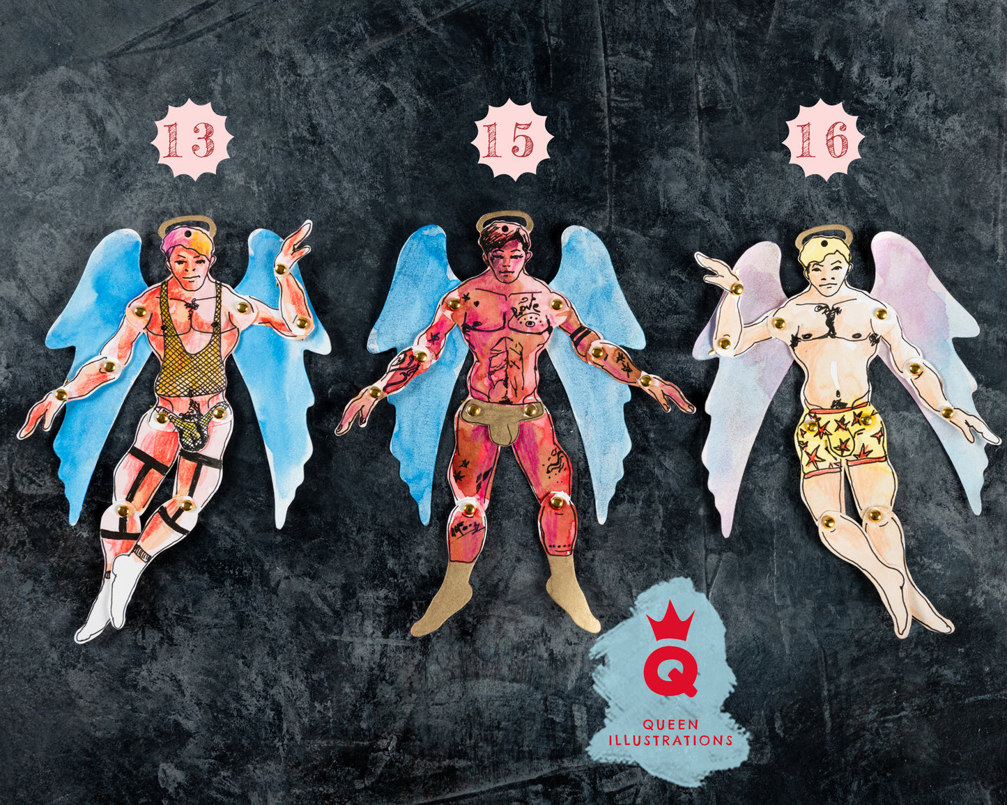paper angels, gay Christmas decorations, gay Christmas tree angel, handmade articulated paper dolls for gay, hot and sexy naked guys, perfect as a gift or a collectable art piece