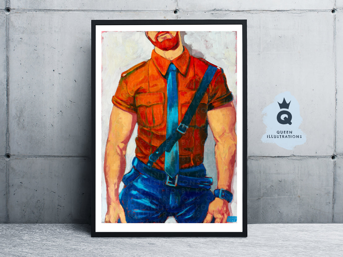 "GINGER WOLF" oil painting of a ginger man wearing an orange uniform