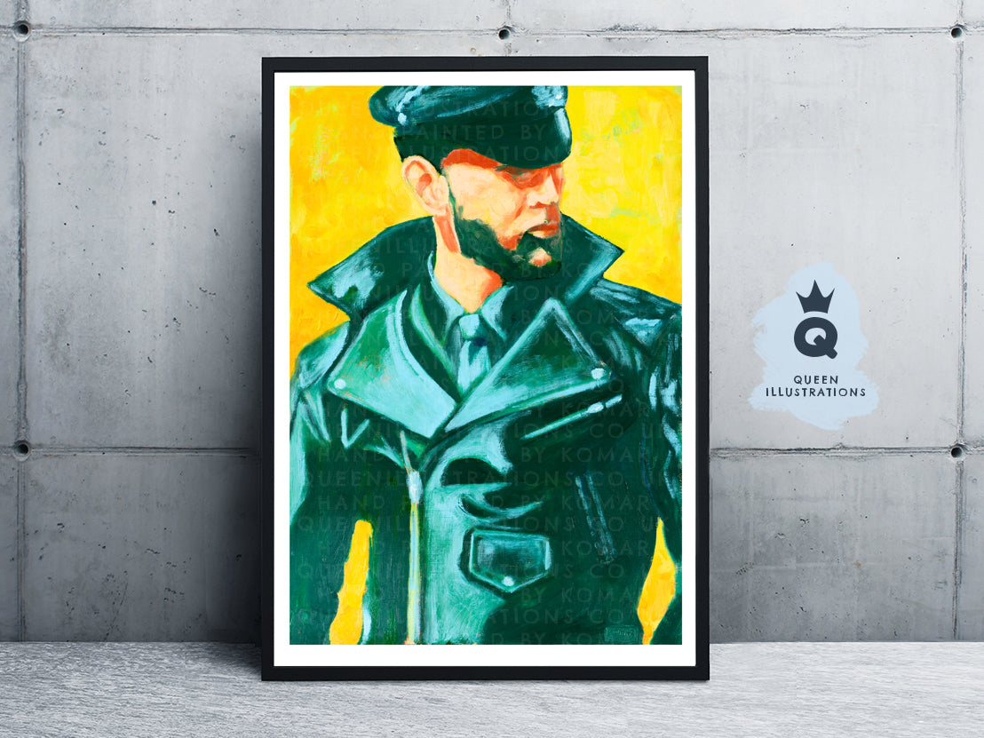 "GREEN LEATHER BOY", oil painting of a man wearing a green uniform