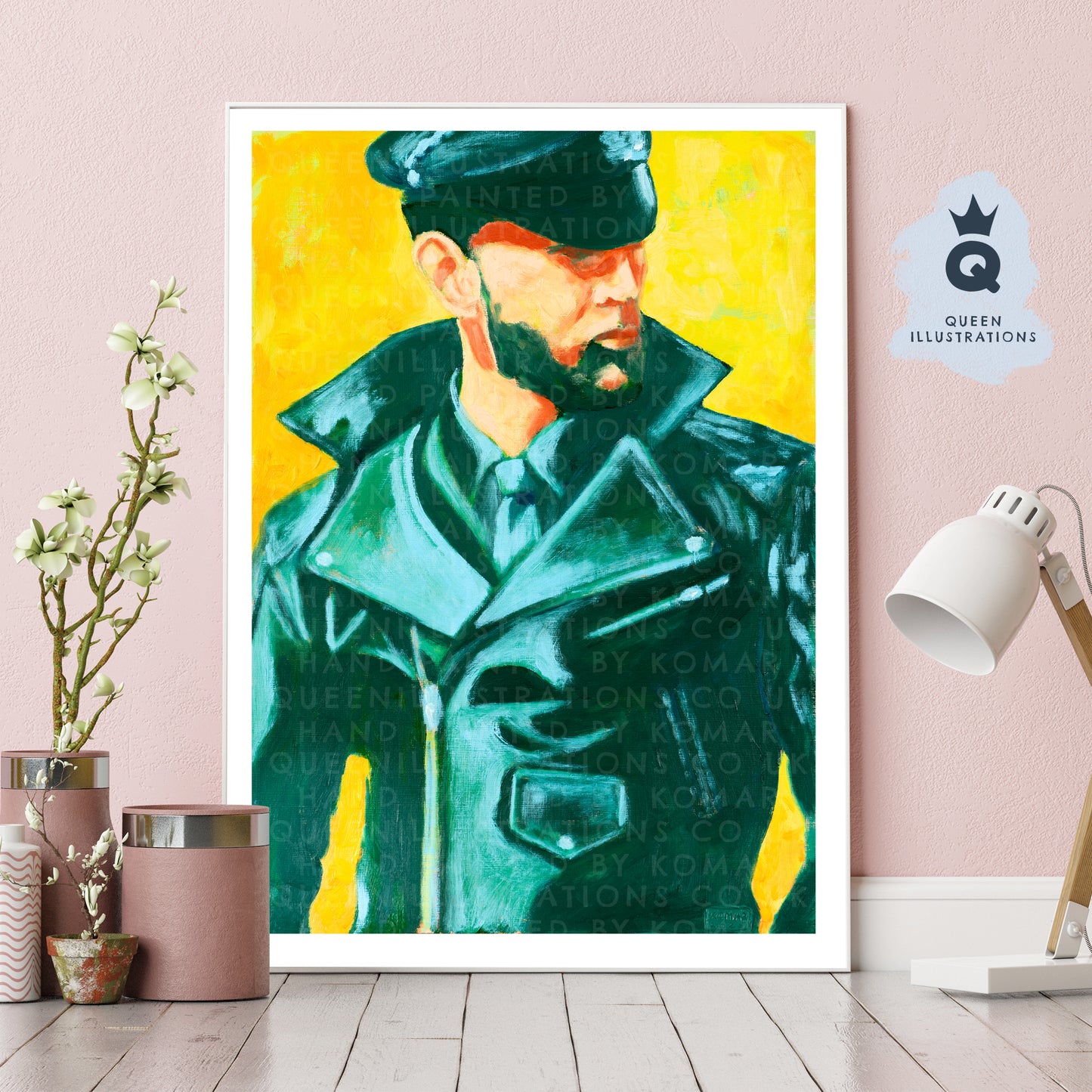 "GREEN LEATHER BOY", oil painting of a man wearing a green uniform