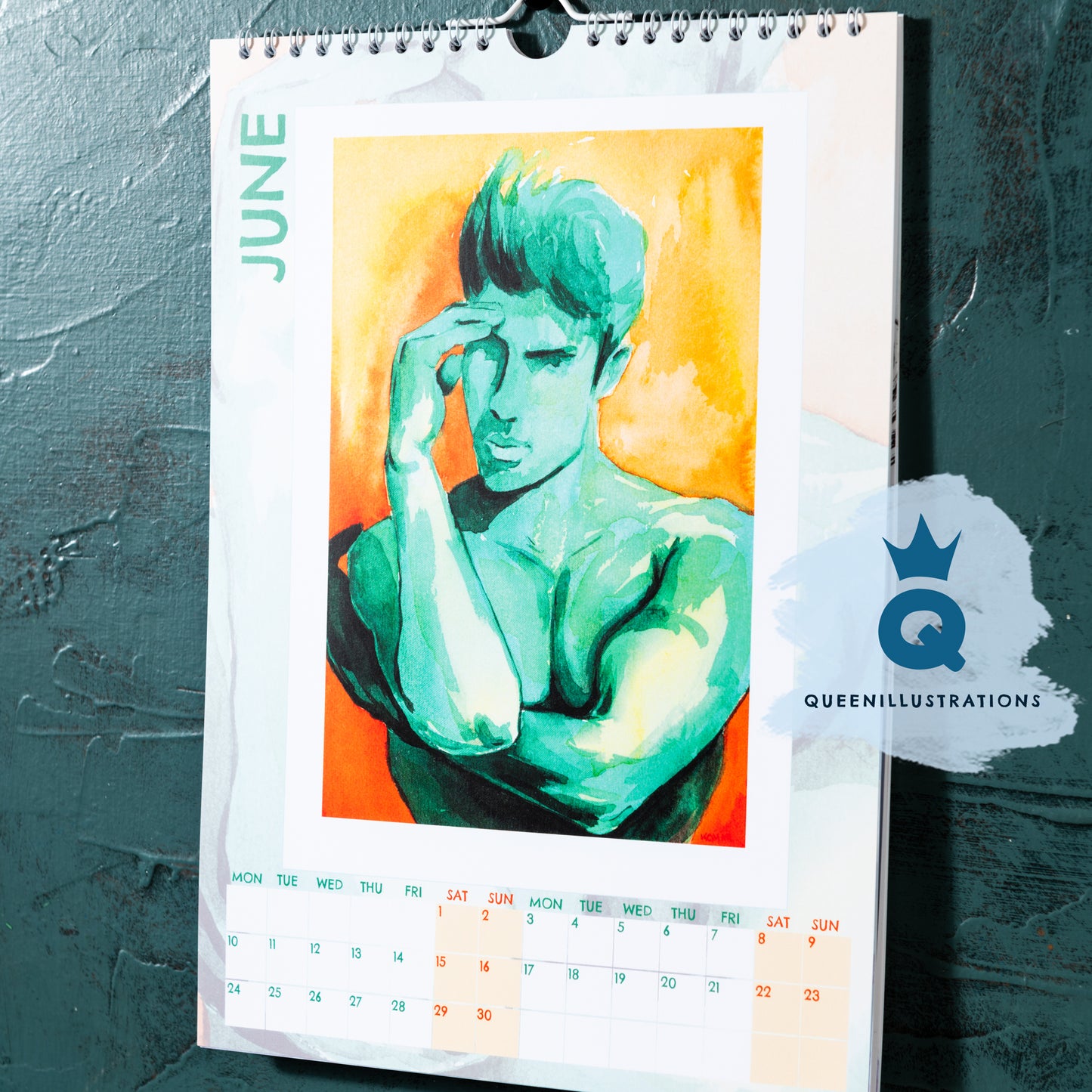 2024 Gay Wall Calendar. Filled with watercolour illustrations. Perfect Christmas gift. Beautiful LGBTQ Illustrations for your home gift idea. Homoerotic art, gay watercolours