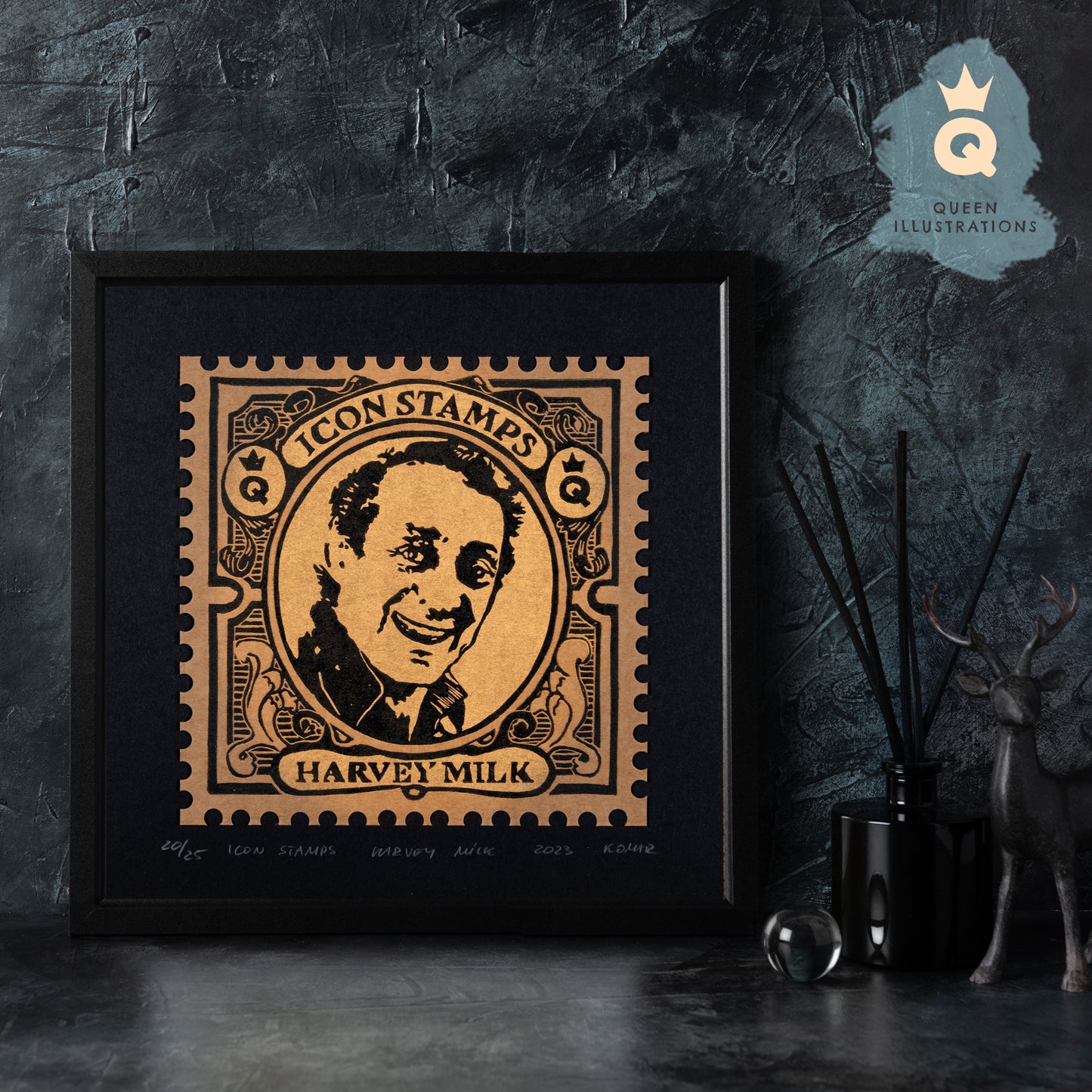 Traditional linocut prints with gay icons, Boy George, Marsha P. Johnson, Freddie Mercury, Harvey Milk, printed with gold ink in a form of postal stamps.