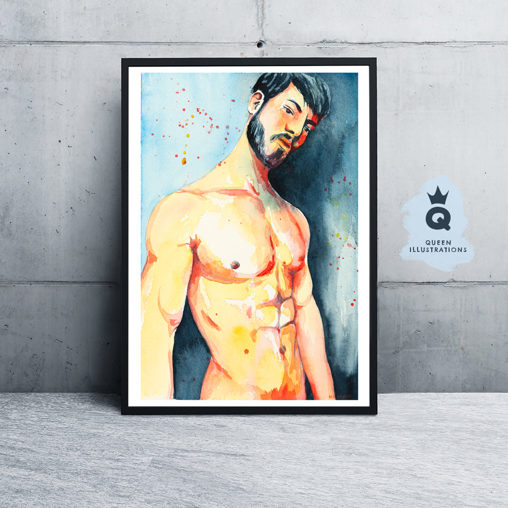 "HOT GUY", watercolour painting - Homoerotic Art Print