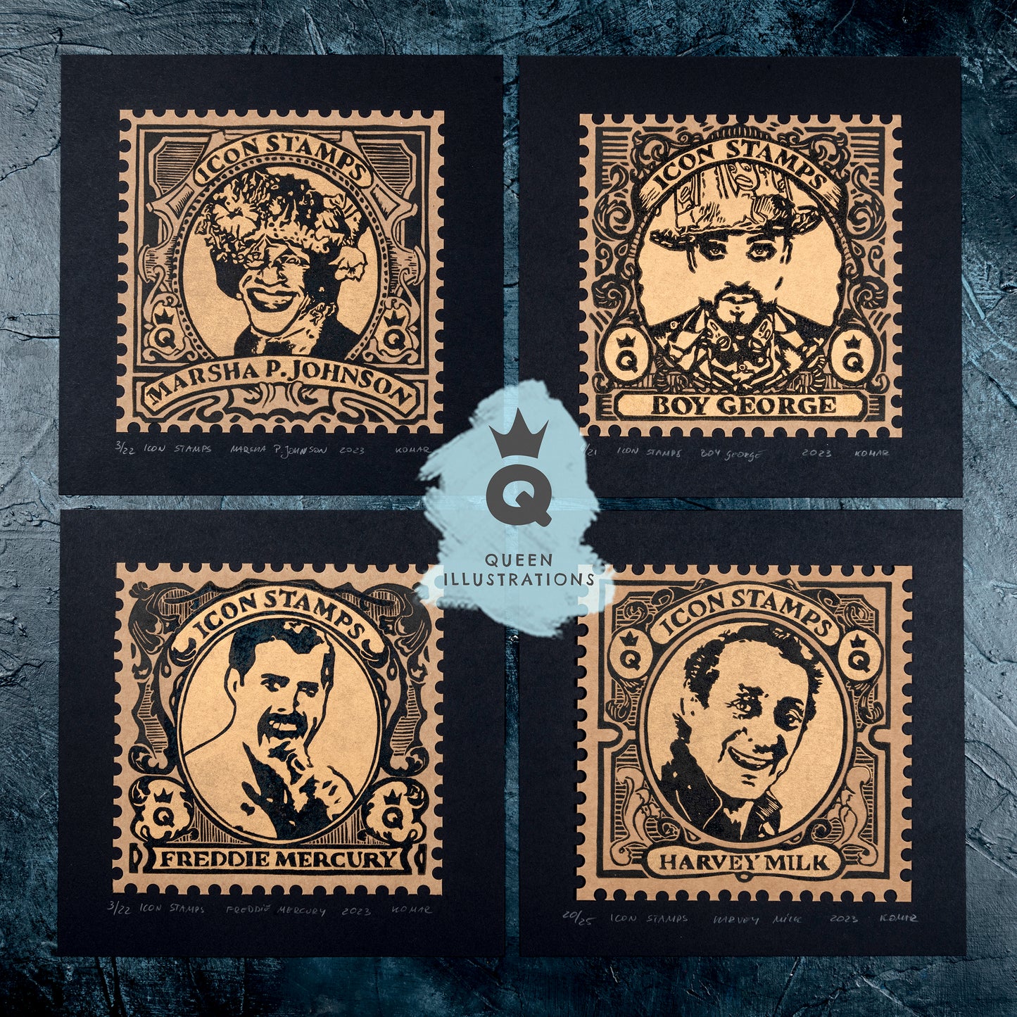ICON STAMPS - Limited edition - traditional hand made linocut prints with gold ink, Boy George, Freddie Mercury, Marsha P. Johnson and Harvey Milk