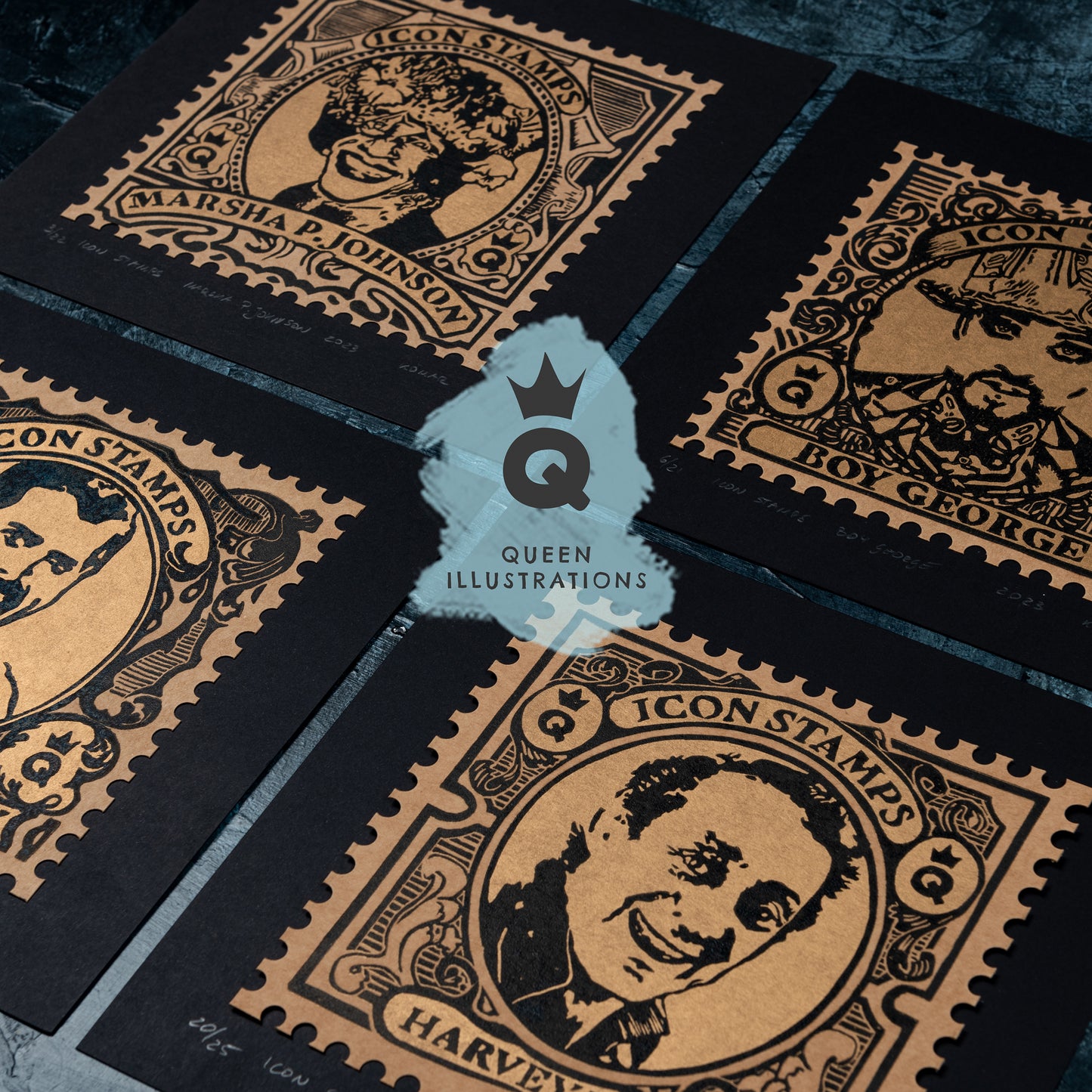 Traditional linocut prints with gay icons, Boy George, Marsha P. Johnson, Freddie Mercury, Harvey Milk, printed with gold ink in a form of postal stamps.