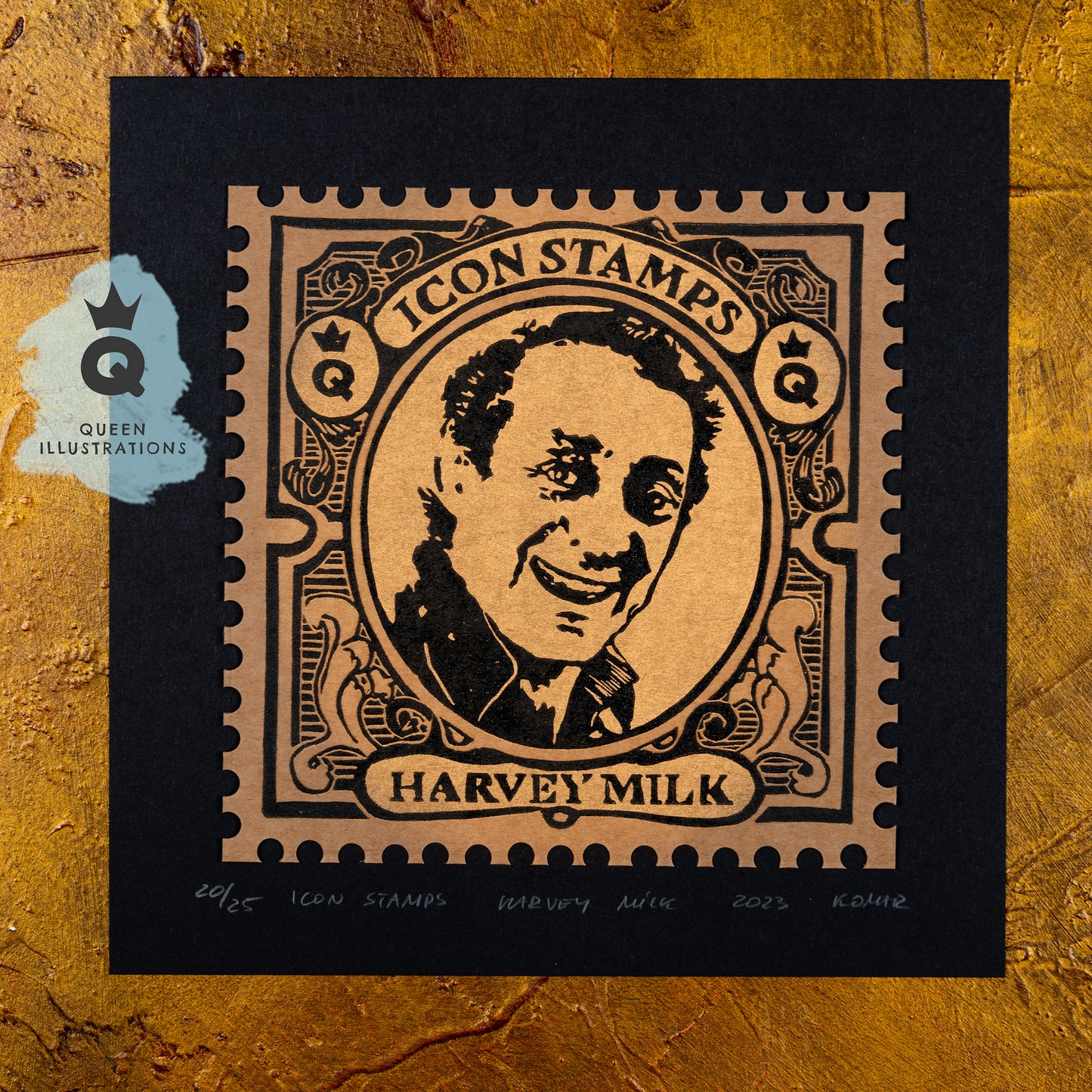 Traditional linocut prints with gay icons, Boy George, Marsha P. Johnson, Freddie Mercury, Harvey Milk, printed with gold ink in a form of postal stamps.