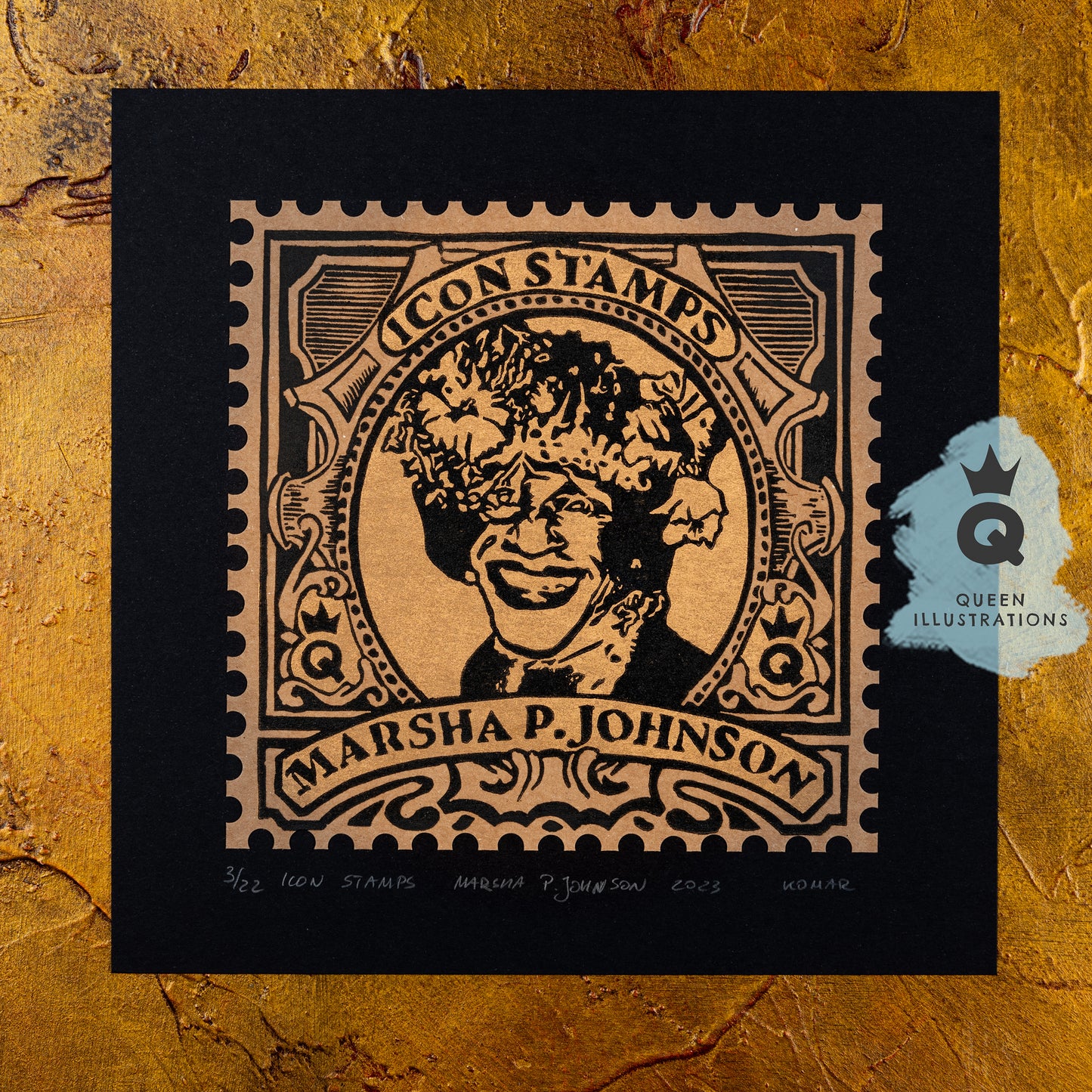 Traditional linocut prints with gay icons, Boy George, Marsha P. Johnson, Freddie Mercury, Harvey Milk, printed with gold ink in a form of postal stamps.