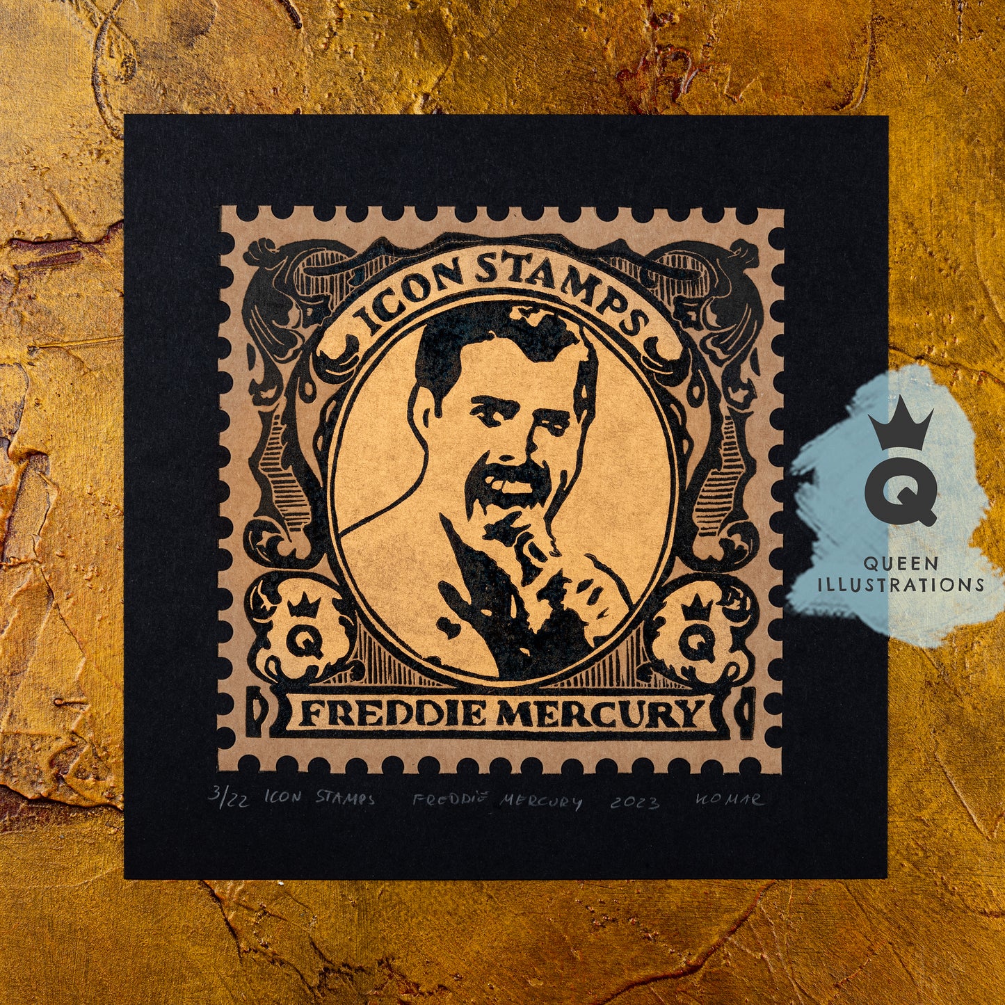Traditional linocut prints with gay icons, Boy George, Marsha P. Johnson, Freddie Mercury, Harvey Milk, printed with gold ink in a form of postal stamps.