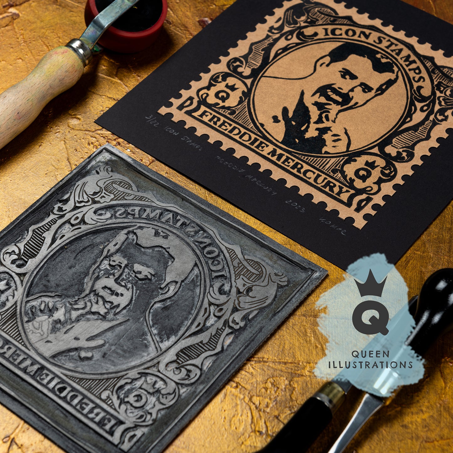 Traditional linocut prints with gay icons, Boy George, Marsha P. Johnson, Freddie Mercury, Harvey Milk, printed with gold ink in a form of postal stamps.