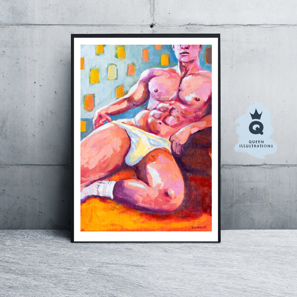 "IN MY BED" oil painting of a young sexy naked man- Homoerotic Art Print