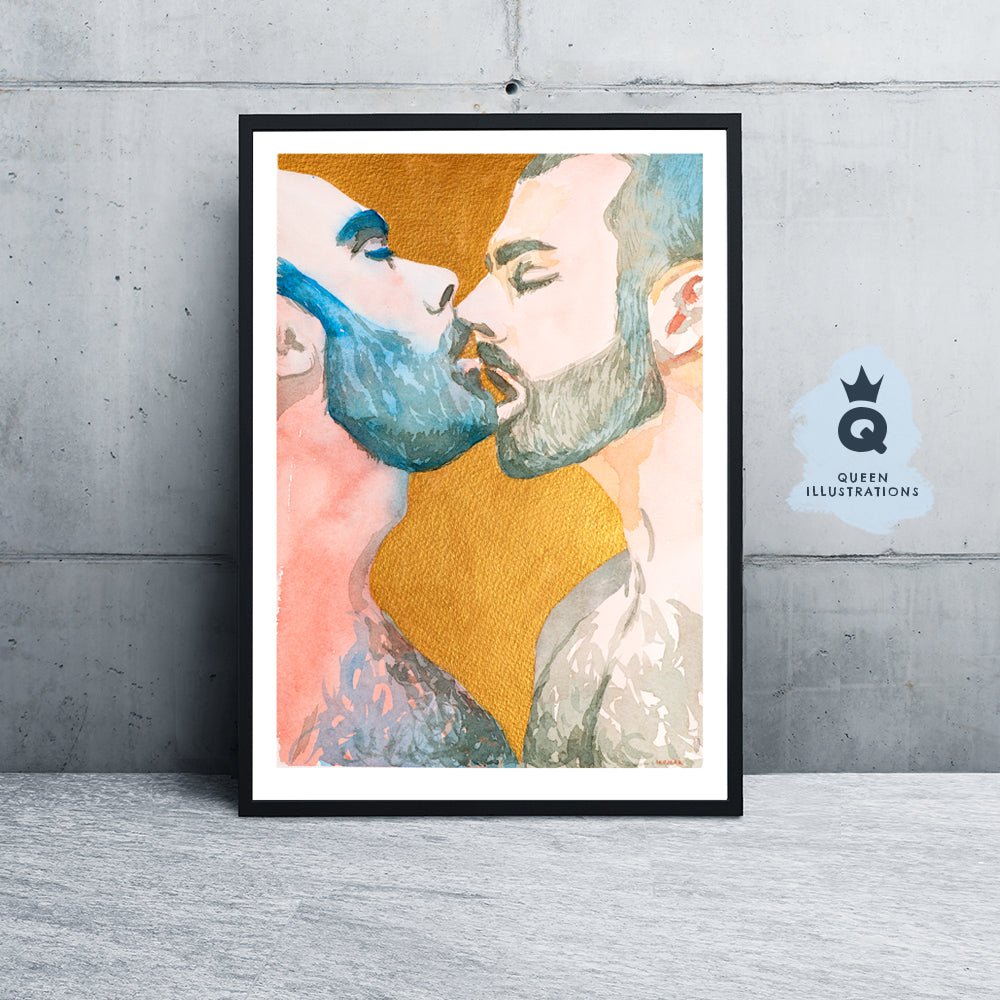 gay art, original hand painted watercolours of two men kissing, finished with gold , you can find more gay art in my gay gift shop