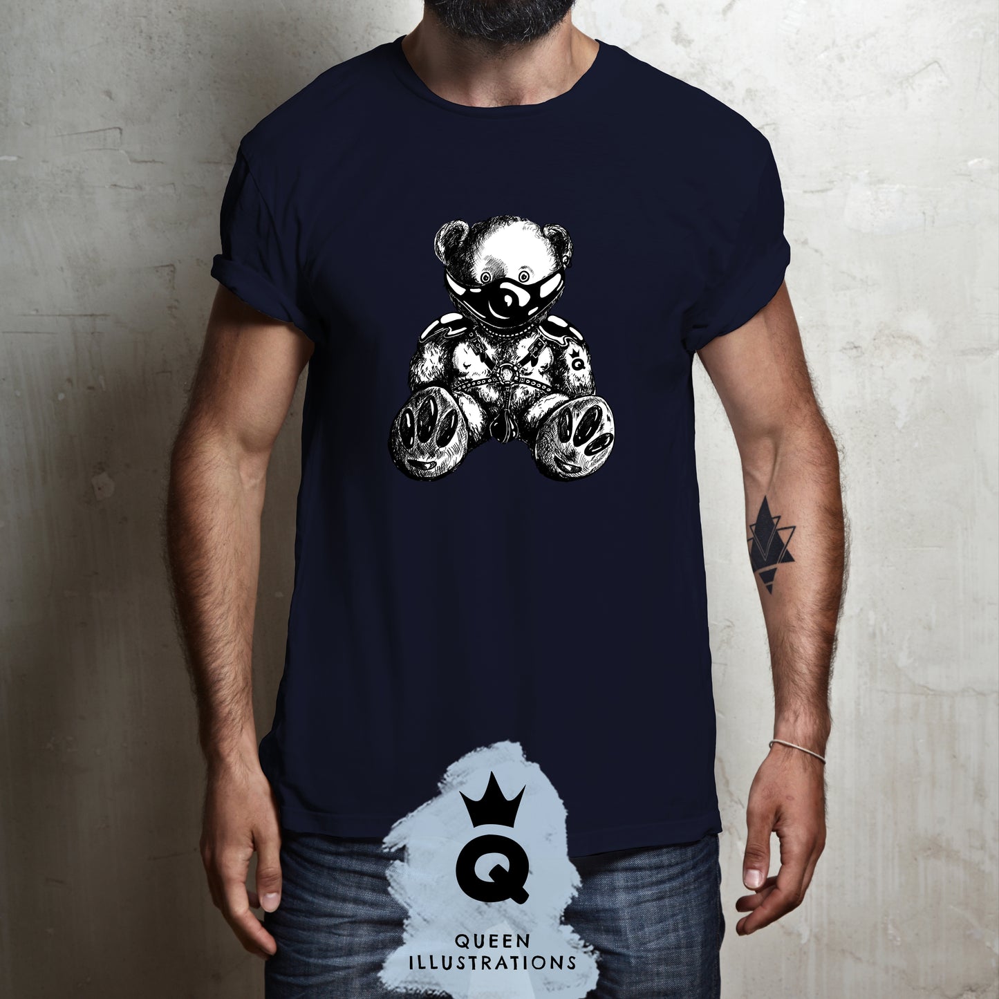 LEATHER BEAR - on midnight blue, pure cotton T-shirt