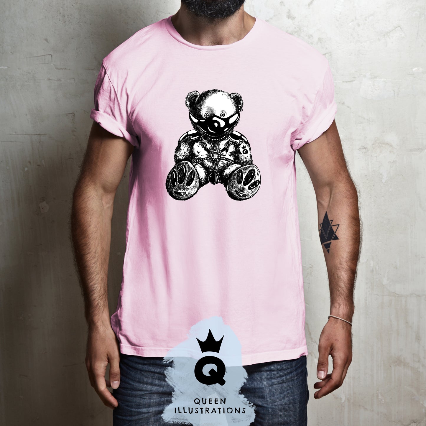 LEATHER BEAR - on pink, pure cotton T-shirt