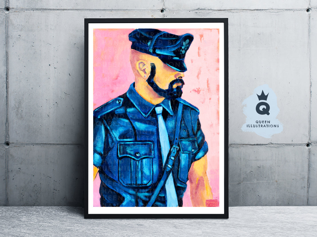 "LE POLICIER" oil painting of a handsome police officer in uniform, - Homoerotic Art Print