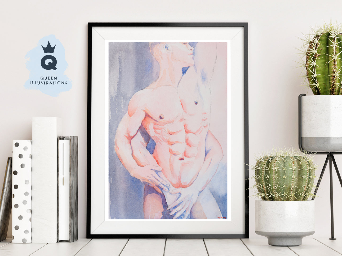 gay art print, watercolour portrait of a cute tattooed boy, chinoiserie tattoos, Chinese flowers print, gay wall art as gift for gay, gay couple, gay lovers,