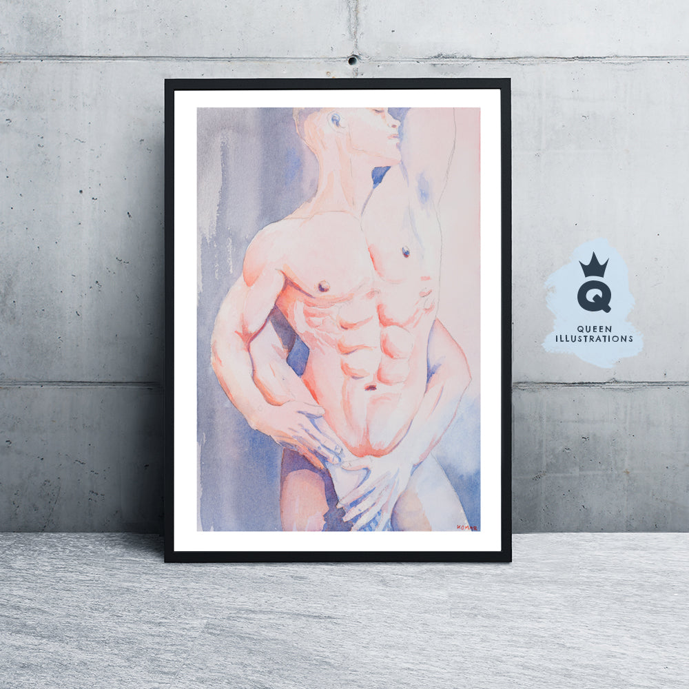 gay art print, watercolour portrait of a cute tattooed boy, chinoiserie tattoos, Chinese flowers print, gay wall art as gift for gay, gay couple, gay lovers,