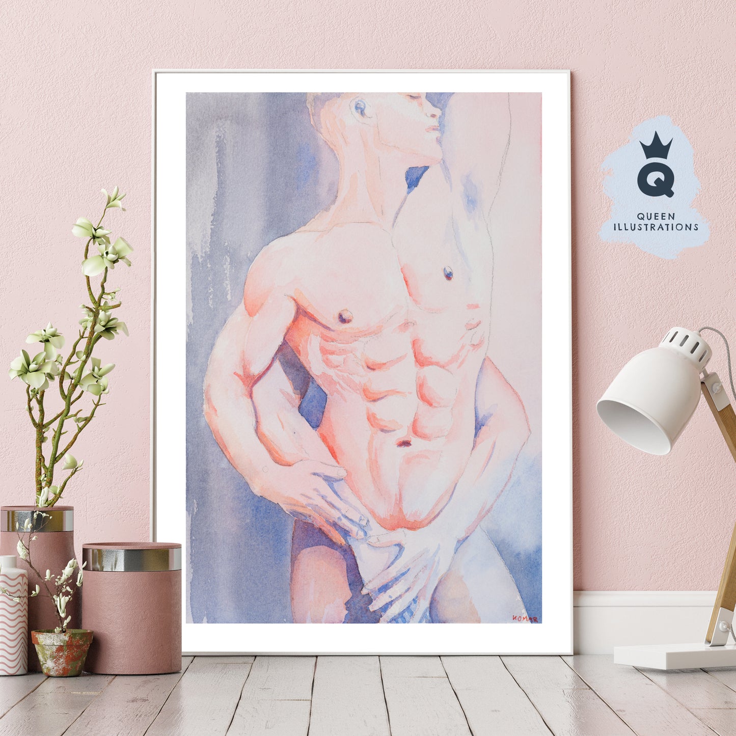 gay art print, watercolour portrait of a cute tattooed boy, chinoiserie tattoos, Chinese flowers print, gay wall art as gift for gay, gay couple, gay lovers,