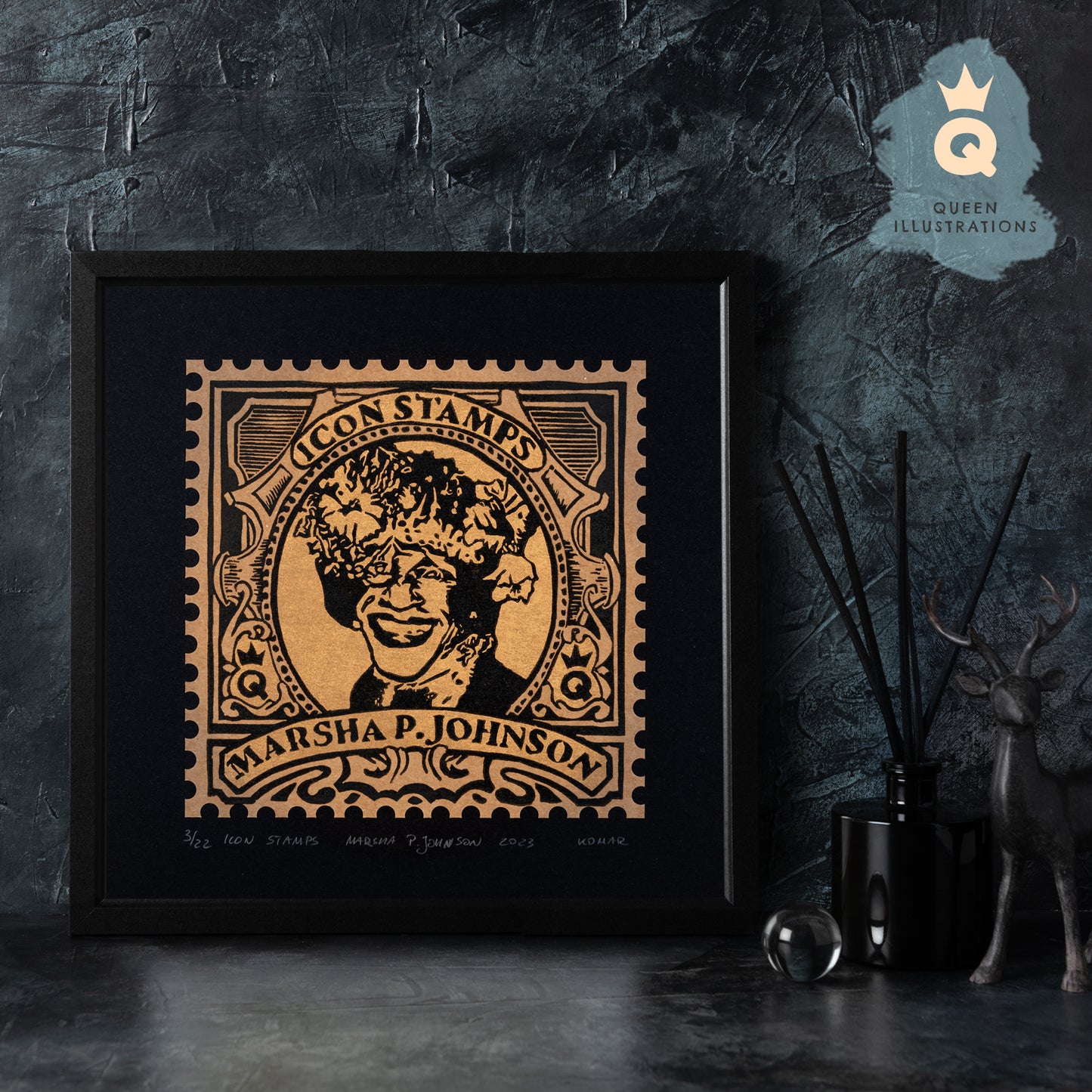 Traditional linocut prints with gay icons, Boy George, Marsha P. Johnson, Freddie Mercury, Harvey Milk, printed with gold ink in a form of postal stamps.