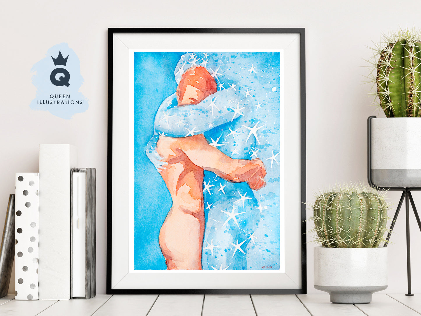 gay art, original hand painted watercolour of two men hugging, gay illustration with stars, more art prints in my gay gift shop