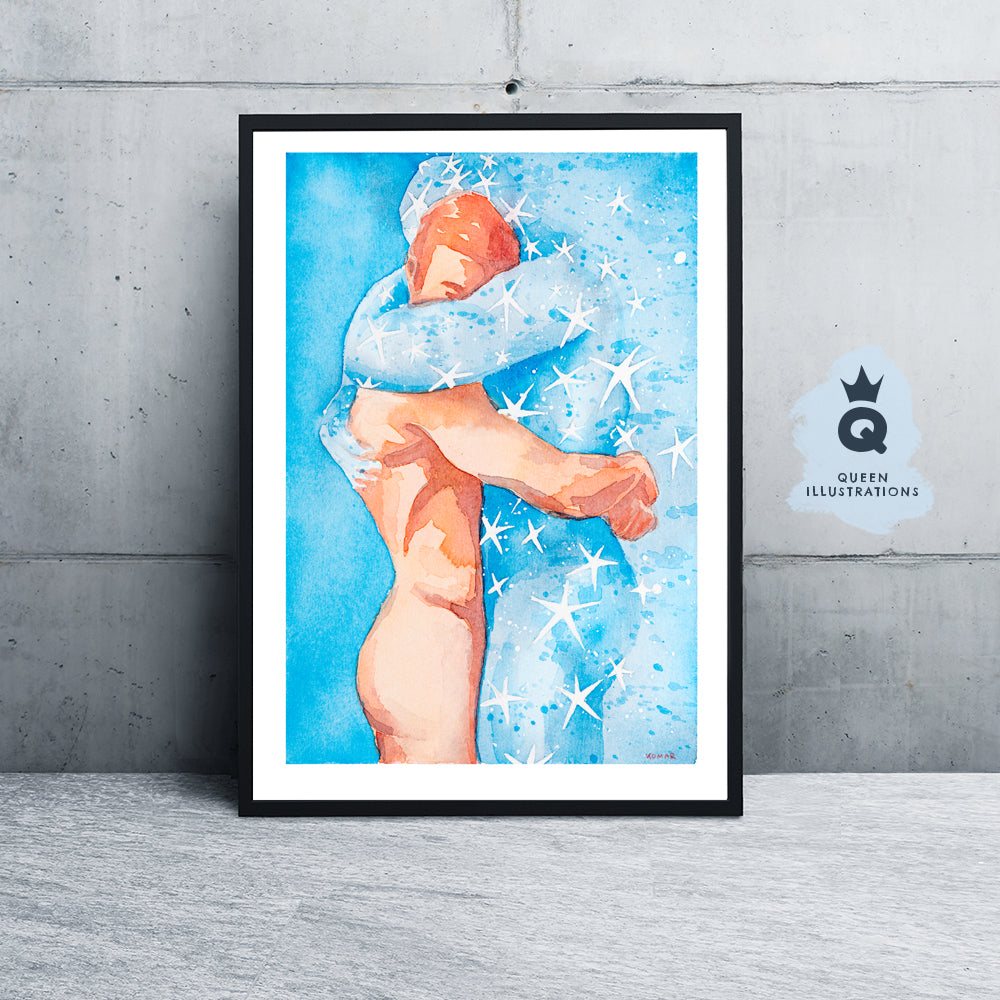 gay art, original hand painted watercolour of two men hugging, gay illustration with stars, more art prints in my gay gift shop
