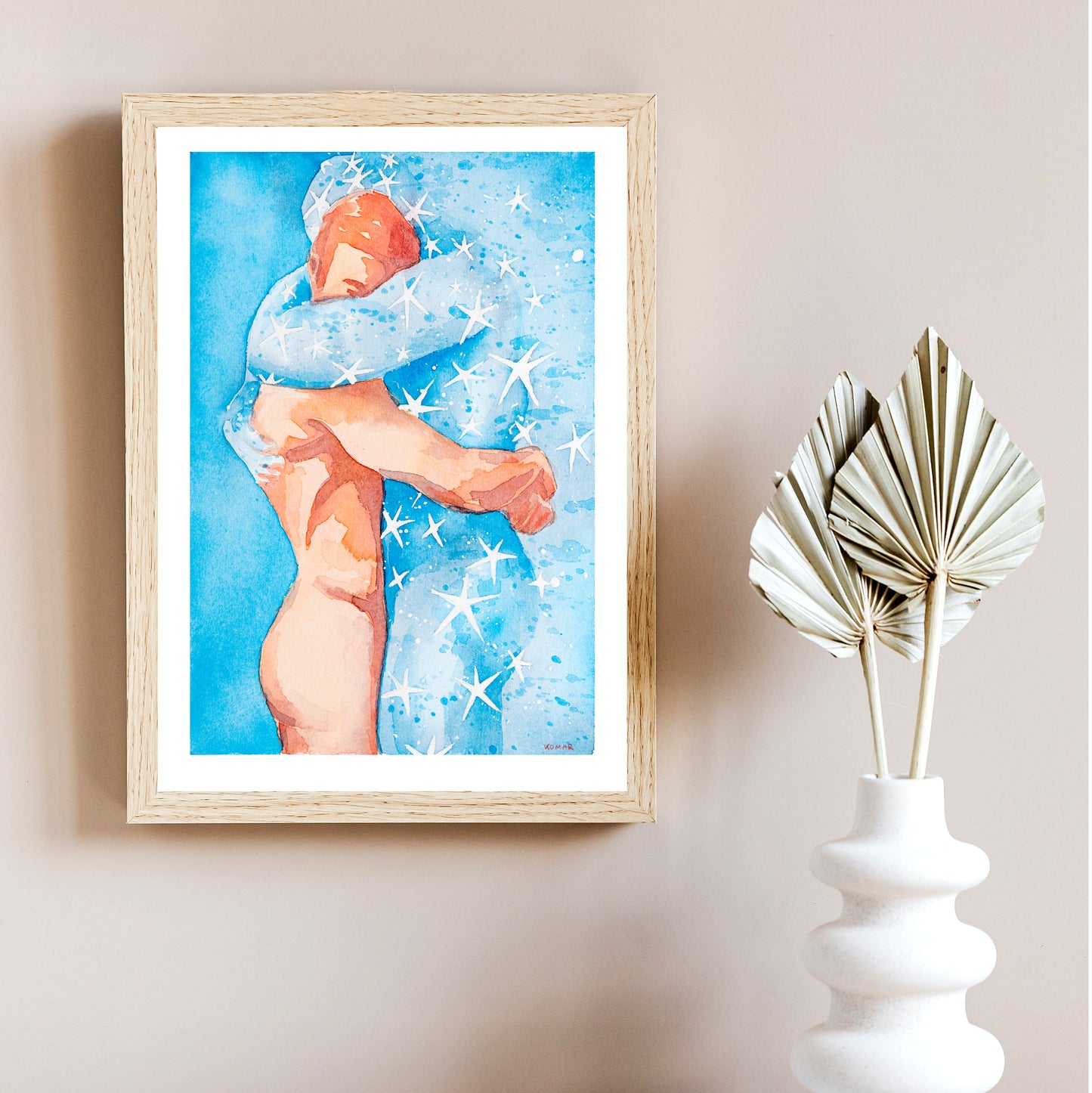 gay art, original hand painted watercolour of two men hugging, gay illustration with stars, more art prints in my gay gift shop