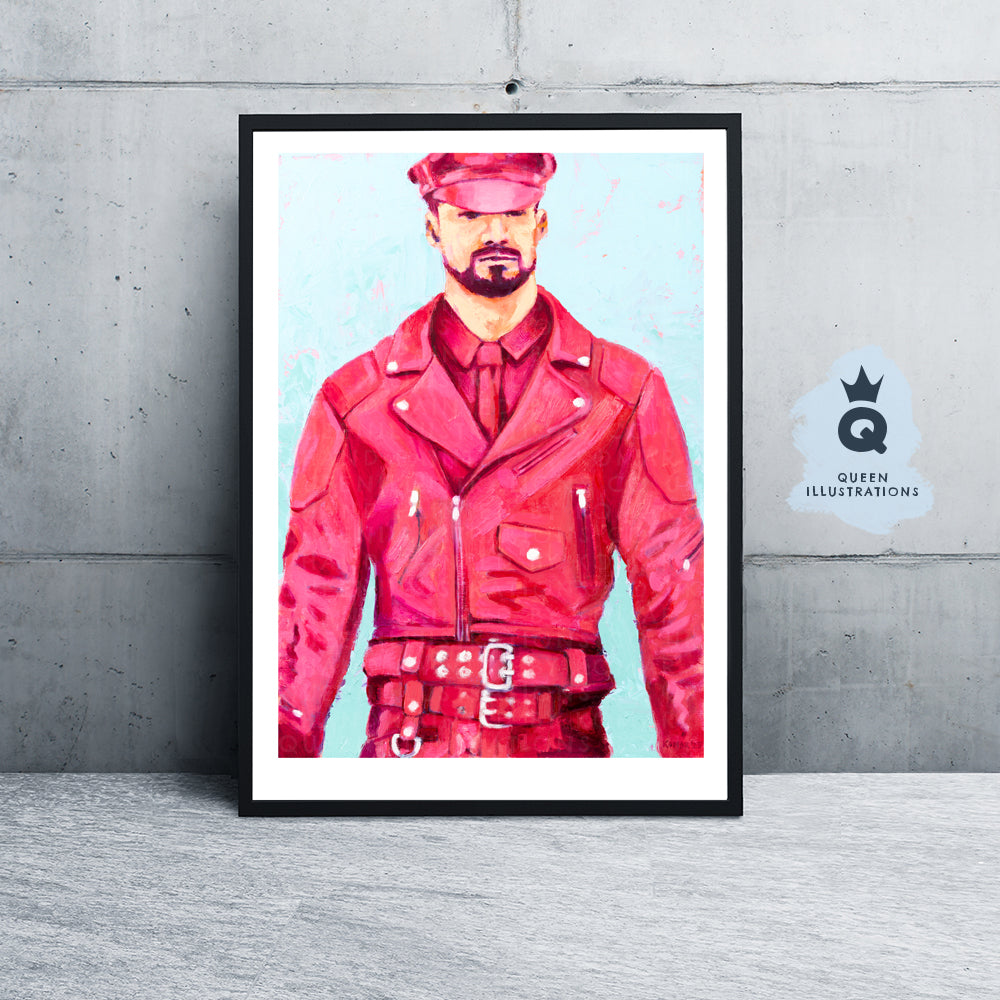 "PINK LEATHER", contemporary oil painting of a man wearing pink leather outfit