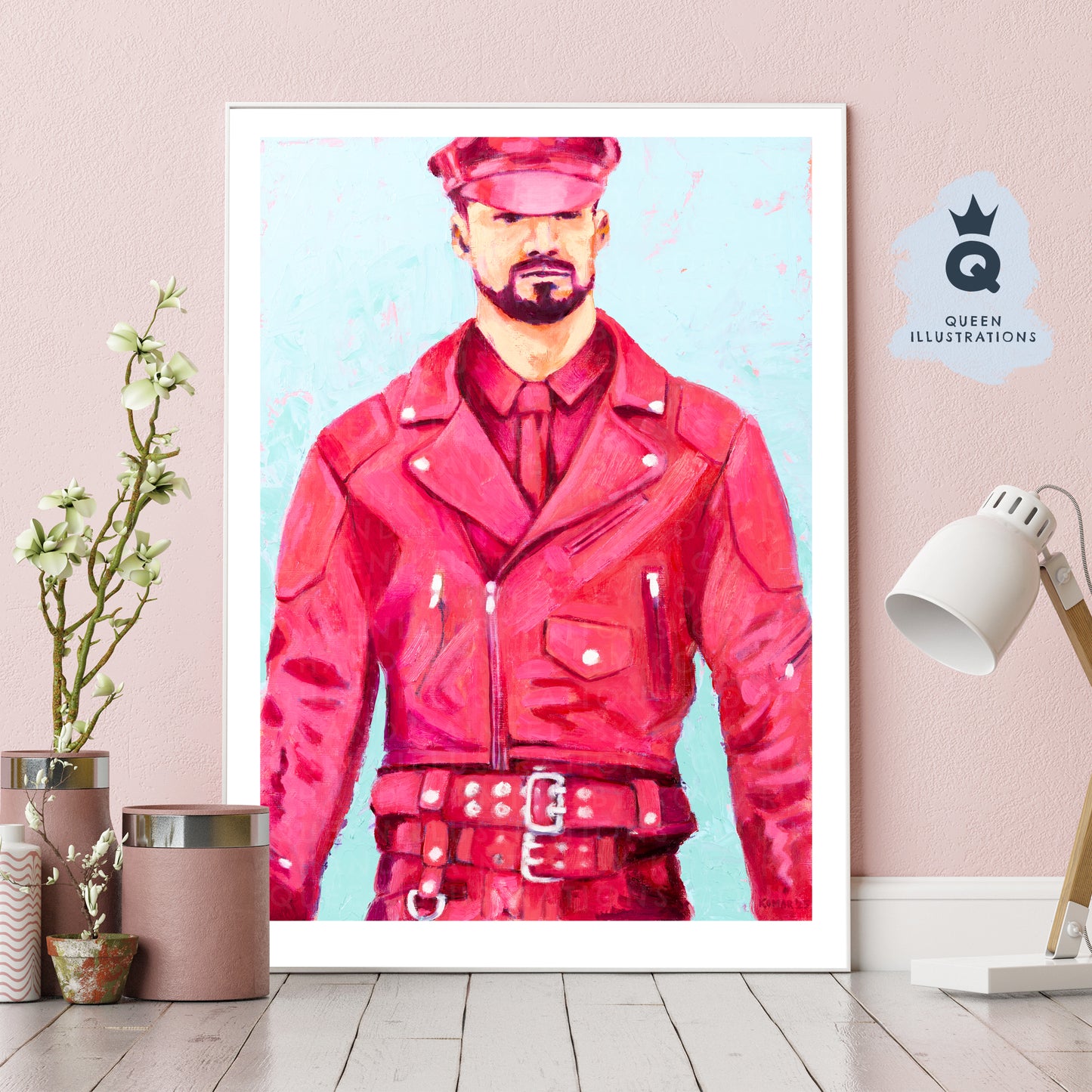 "PINK LEATHER", contemporary oil painting of a man wearing pink leather outfit