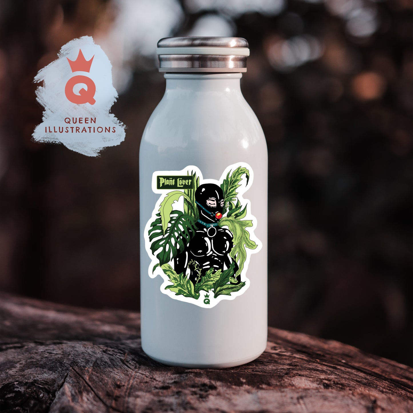 kinky plant lover dressed in latex suit surrounded by plants, sexy gay sticker for a plant lover, hot latex fetish sticker for a gift