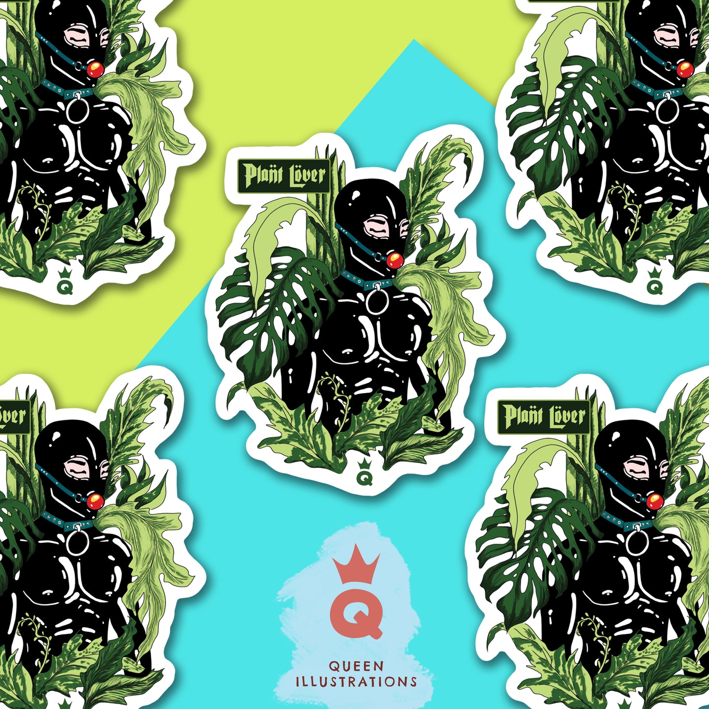 kinky plant lover dressed in latex suit surrounded by plants, sexy gay sticker for a plant lover, hot latex fetish sticker for a gift