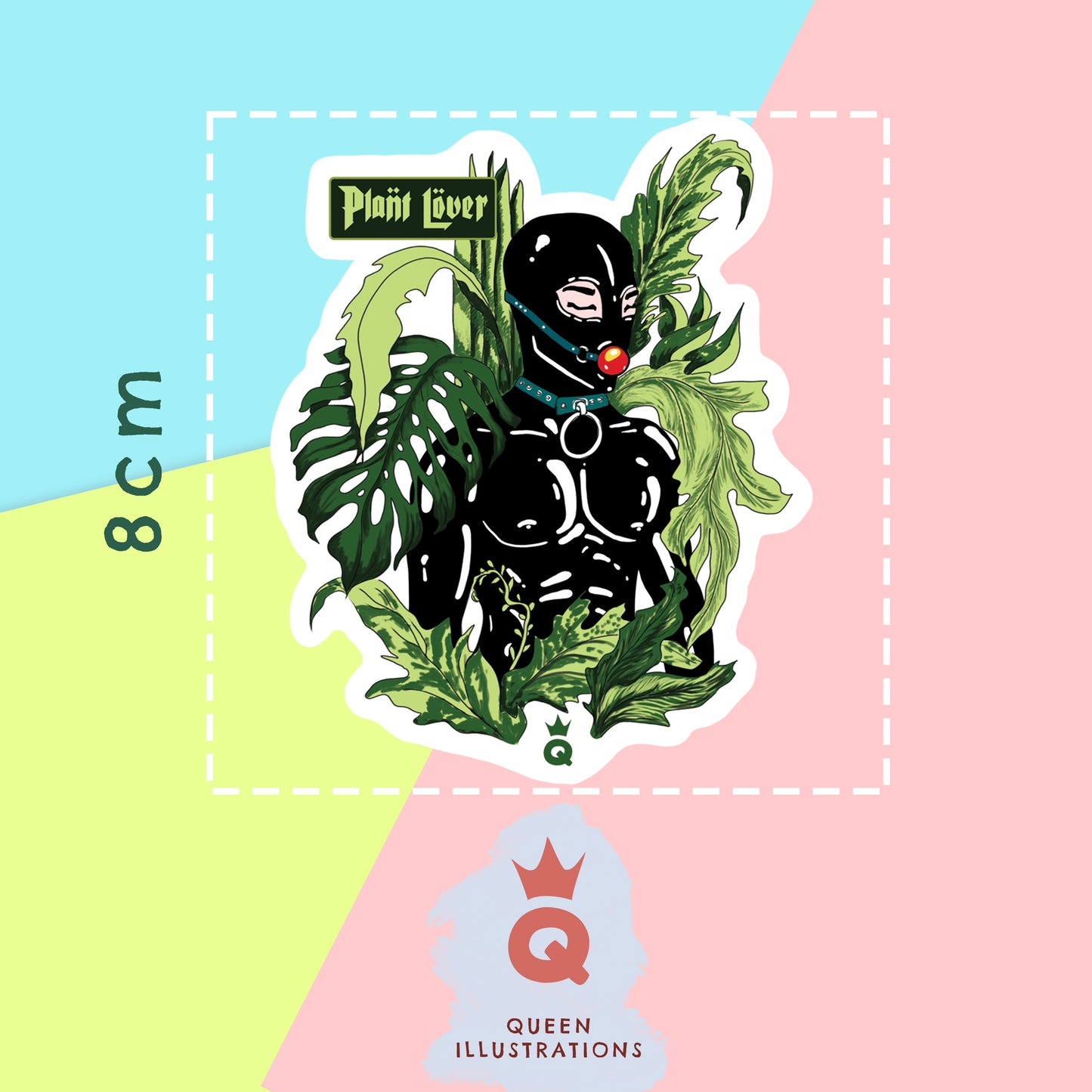 kinky plant lover dressed in latex suit surrounded by plants, sexy gay sticker for a plant lover, hot latex fetish sticker for a gift