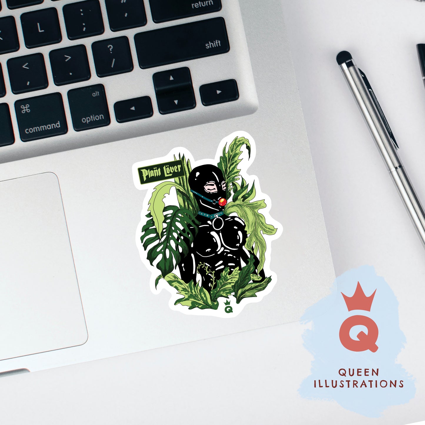 kinky plant lover dressed in latex suit surrounded by plants, sexy gay sticker for a plant lover, hot latex fetish sticker for a gift