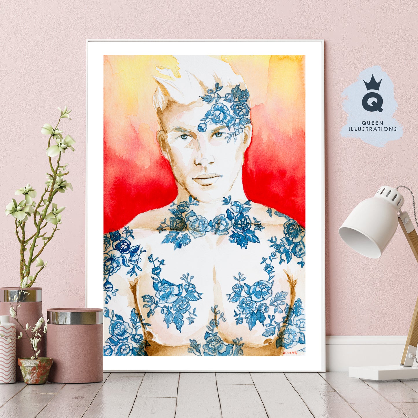 gay art print, watercolour portrait of a cute tattooed boy, chinoiserie tattoos, Chinese flowers print, gay wall art as gift for gay