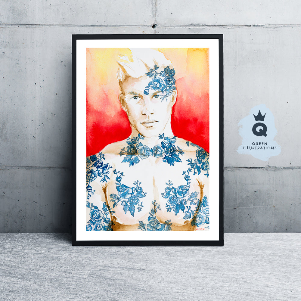 gay art print, watercolour portrait of a cute tattooed boy, chinoiserie tattoos, Chinese flowers print, gay wall art as gift for gay
