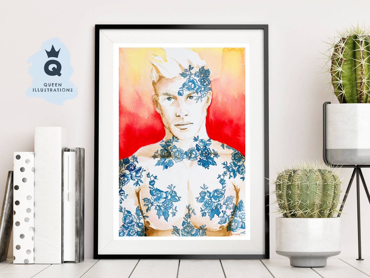 gay art print, watercolour portrait of a cute tattooed boy, chinoiserie tattoos, Chinese flowers print, gay wall art as gift for gay